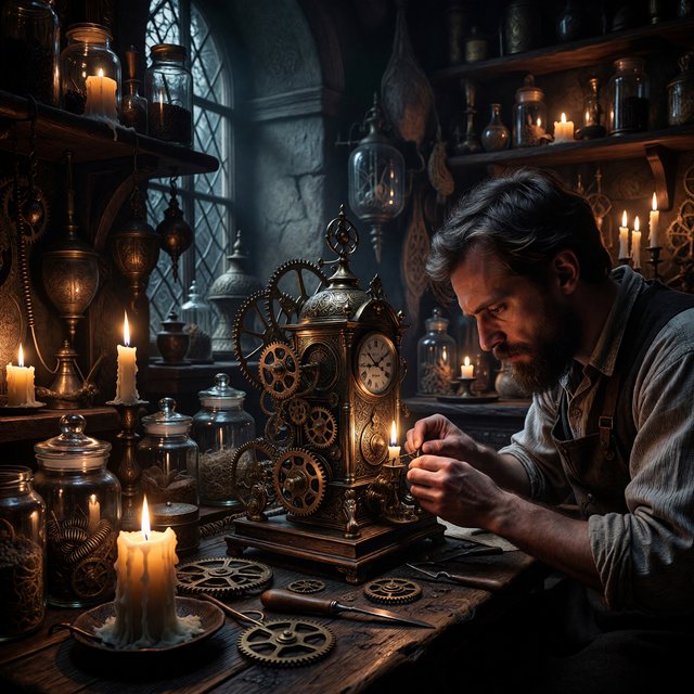 Engraved ink illustration of an adult clockmaker assembling a whimsical brass automaton in a candlelit workshop, with gears, springs, and glass jars surrounding the bench. Palette of charcoal, copper, teal, and honey yellow, with crisp crosshatching and warm shadows. — ImagineArt 1.5 Pro
