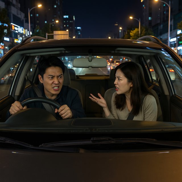 Frontal cinematic shot through the windshield of a car driving at night. A 35-year-old Chinese man is in the driver’s seat, gripping the steering wheel and arguing back in visible frustration. Beside him, a 30-year-old Chinese woman in the front passenger seat is nagging him animatedly, gesturing as she speaks. Both are clearly engaged in a tense argument. Nighttime city lights and passing streetlights glow outside, with reflections across the windshield and realistic interior lighting. — Qwen Image 3.0