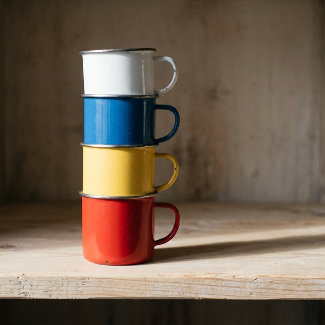 Exactly four enamel camping cups form a vertical tower on a pale wooden shelf, bottom to top: red, yellow, blue, white; all handles face right. Soft morning light, nothing else. — Nano Banana 2.1