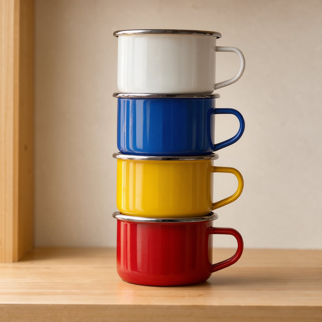 Exactly four enamel camping cups form a vertical tower on a pale wooden shelf, bottom to top: red, yellow, blue, white; all handles face right. Soft morning light, nothing else. — FLUX 3 Image Klein