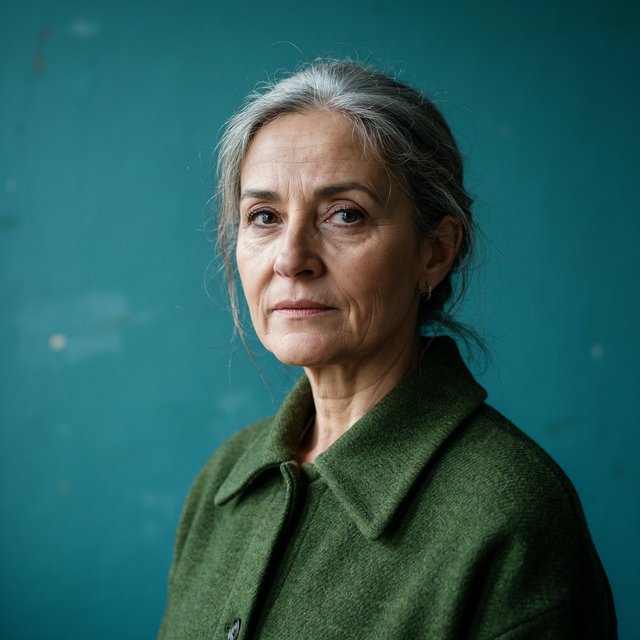 Beside a faded teal studio wall, a close-up fashion portrait frames an adult woman aged 68–76, her weathered skin softly detailed; she wears a moss-green wool coat and holds a calm, searching gaze in gentle side light. — Model 7