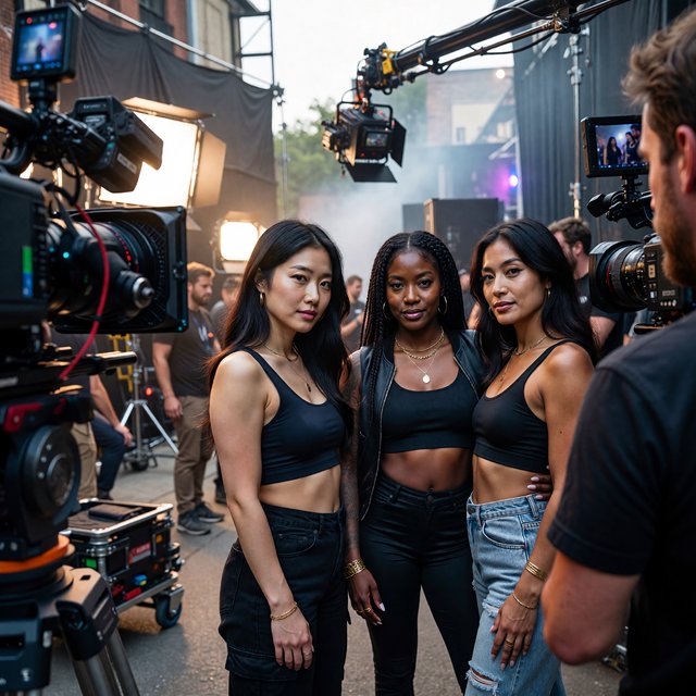Realistic adult Korean, Black, and mixed-race female rappers filming a music video, all wearing fitted clothes. The music video is about how they are making money and are set to rule, with a really cool, laid-back vibe, shown from many angles. — ImagineArt 1.5 Pro