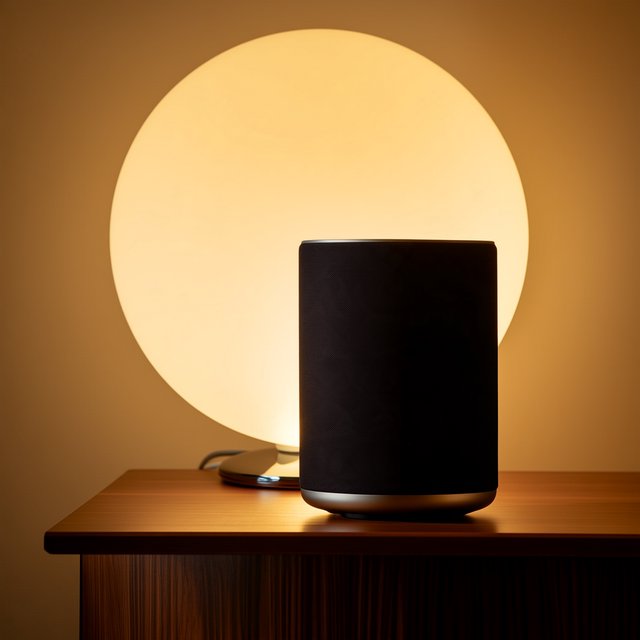 Commercial product photograph of an unbranded wireless speaker made from textured black fabric and satin aluminum, placed on a walnut tabletop against a warm cream background, illuminated by a large softbox and subtle backlight. — Midjourney Niji 7