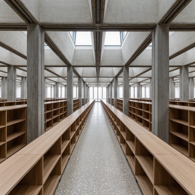 Interior of a mid-century modernist public library, with pale oak shelving, exposed concrete columns, terrazzo flooring, and a broad clerestory. Diffuse morning light crosses the reading hall, viewed from the entrance down its central aisle, with precise lines and plausible structure. — Kling v3 Omni