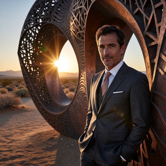 Editorial glamour photograph of an adult man in a charcoal evening suit with a muted copper tie, standing at ease beside a desert art installation, flattering sunset light warming the sculptural landscape, composed expression and refined magazine atmosphere. — ImagineArt 1.5 Pro