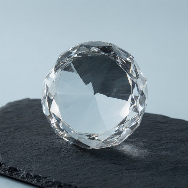 An unbranded, unmarked faceted optical-glass paperweight rests on charcoal slate against a pale blue-gray background; broad diffused studio light and a narrow side highlight reveal crisp internal refractions and bright edge reflections. — Qwen Image 3.0 Pro