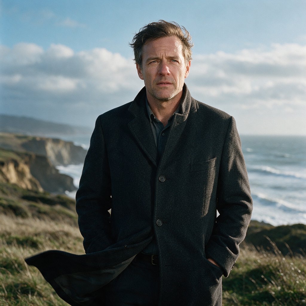 Wind lifts the hem of a charcoal wool coat as an adult man in his late 40s keeps a pensive gaze. The portrait frames him against a windswept coastal bluff beneath cool, cloud-filtered daylight. — Seedream 5.0 Pro