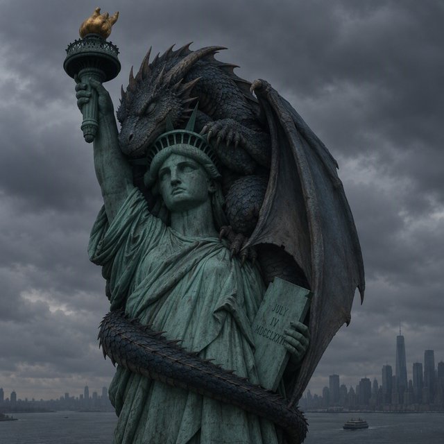 A dragon sleeping on the Statue of Liberty on a moody, overcast day. — GPT Image 2.5 Flare