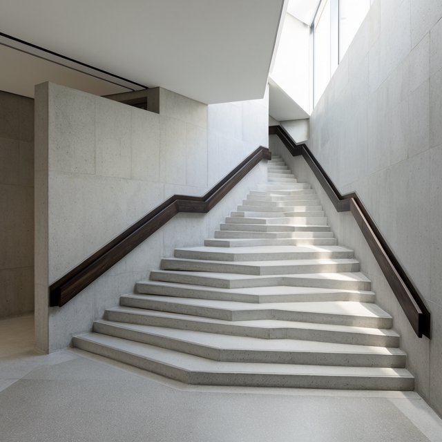 At the heart of a restrained Brutalist museum, a folded concrete stair rises beside smoked-oak handrails and terrazzo landings; skylight washes the treads, seen from the lower landing, with aligned flights and believable supports. — Krea 2 Large
