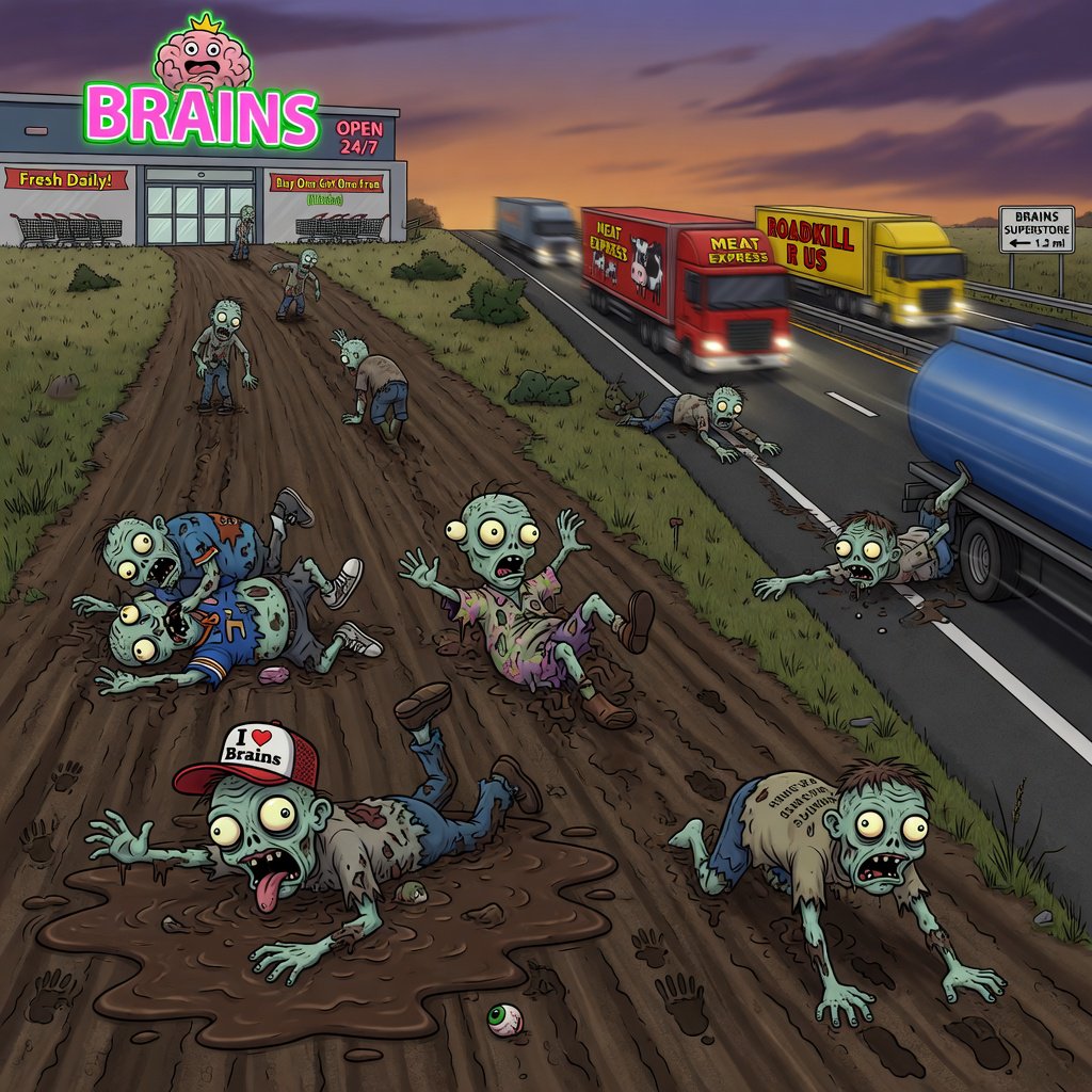Several weird-looking zombies, some cross-eyed and some wide-eyed, are heading towards a superstore far ahead named "Brains". The superstore is located beside a highway with some trucks driving along it. The zombies are on a rural road connecting to the highway. There are patches of mud in one place on the rural road. The zombies are slipping on the mud and falling—some on their faces, some on their backs, and some on top of other zombies. A couple of fallen zombies are crawling up to the highway, where speeding trucks are passing by. Make it dramatic but funny. — Grok Imagine Image Quality