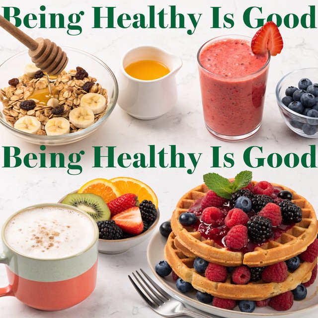 An image relating to good health and happiness. The words “Being Healthy Is Good” appear in the background at least a couple of times. 4–7 moments. — Recraft v4 Pro
