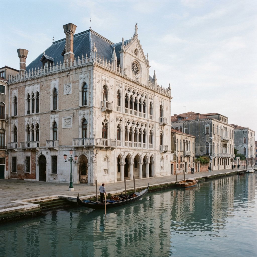 Exterior of a Venetian Gothic opera house beside a quiet canal, pale Istrian limestone, pointed arches, quatrefoil tracery, and a steep slate roof; cool morning light, viewed from across the water, crisp masonry lines and believable structure. — Nano Banana 2 Lite