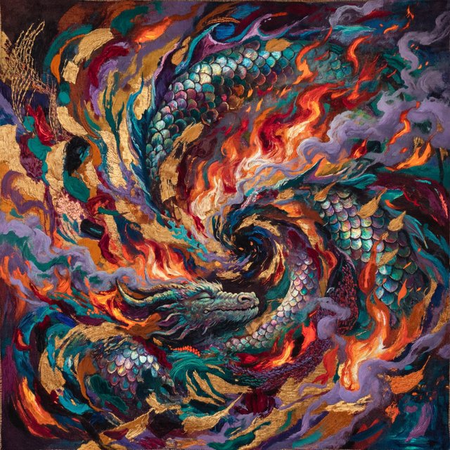 An abstract tapestry woven from the dreams of a sleeping dragon, depicted as a chaotic yet beautiful explosion of iridescent scales, fiery embers, and swirling smoke. The composition is dynamic and energetic, with bold brushstrokes and a rich, textured surface. The style is abstract expressionism, capturing the raw, untamed essence of draconic power. — ImagineArt 2