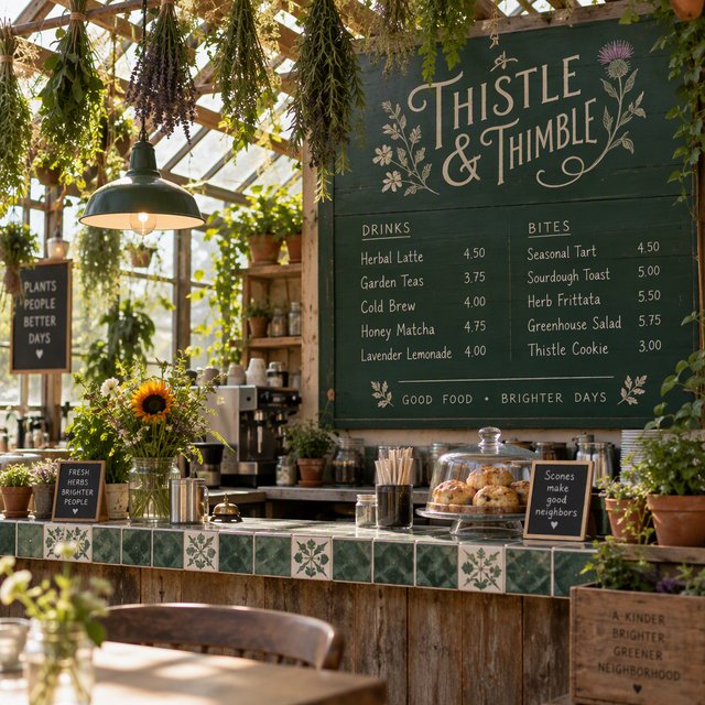 At a neighborhood greenhouse café, sunlight filters through hanging herbs above a tiled counter; "THISTLE & THIMBLE" is painted in hand-lettered cream script across a deep green wooden menu board. — GPT Image 2.5 Sunburst