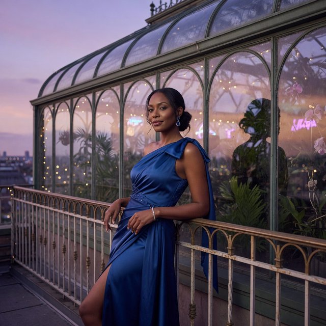 Editorial glamour photograph of one adult woman in a sapphire one-shoulder evening gown, leaning naturally against a rooftop conservatory railing at dusk, flattering lavender light, glass reflections, composed expression, elegant fashion-magazine atmosphere. — Grok Imagine Image Quality