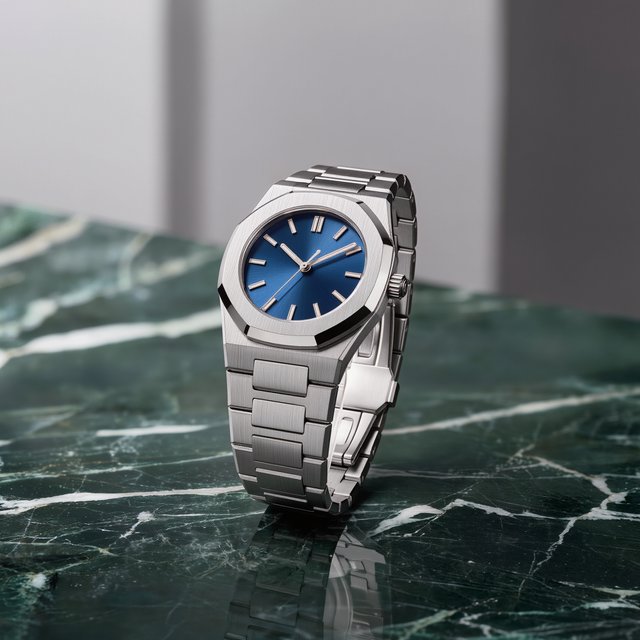 Commercial product photograph of an unbranded mechanical wristwatch with a brushed titanium case and deep blue enamel dial, resting on dark green marble against a soft gray background, illuminated by a large diffused softbox and narrow edge light. — Kling v3