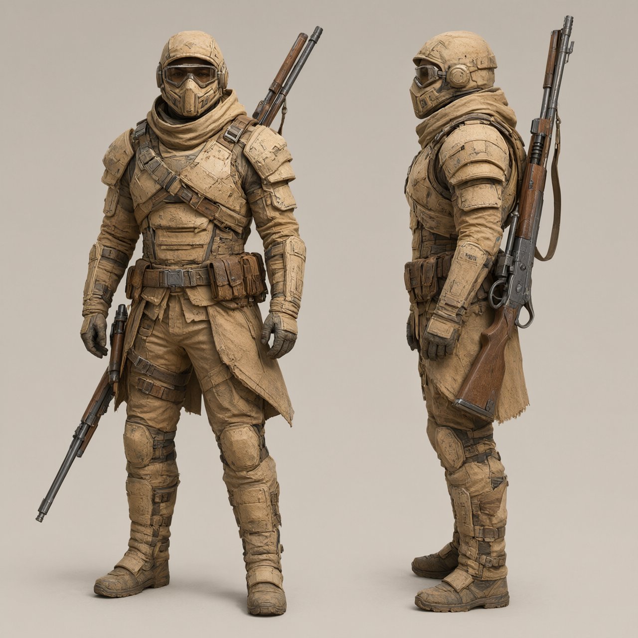 Character design sheet of a desert ranger in layered sand-coloured armour with a long rifle, front and side view, neutral background. — Qwen Image 3.0 Pro