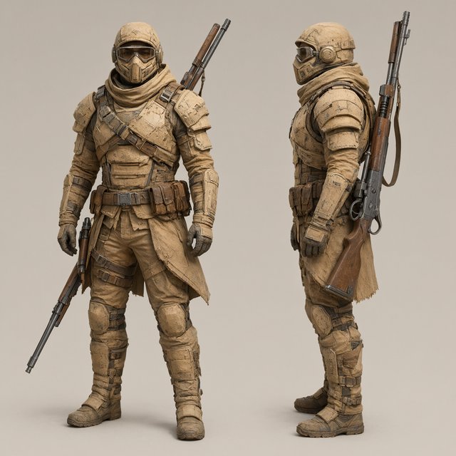 Character design sheet of a desert ranger in layered sand-coloured armour with a long rifle, front and side view, neutral background. — Qwen Image 3.0 Pro