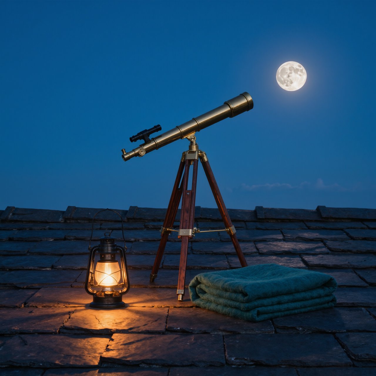 On a slate rooftop, exactly one brass telescope points east; one amber lantern sits to its left, one folded teal blanket lies beneath the tripod, and one pale moon hangs behind it in the clear sky, nothing else. — Kling v3 Omni