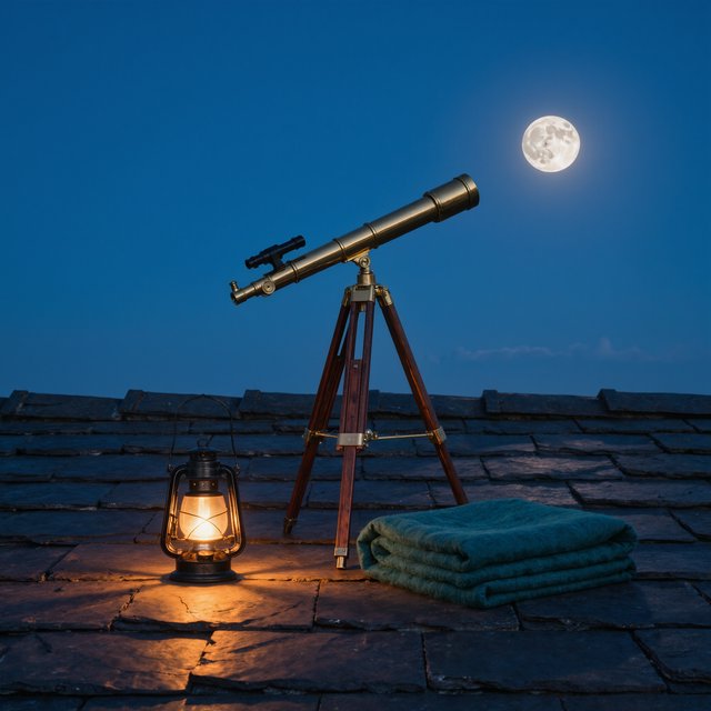 On a slate rooftop, exactly one brass telescope points east; one amber lantern sits to its left, one folded teal blanket lies beneath the tripod, and one pale moon hangs behind it in the clear sky, nothing else. — Model 10