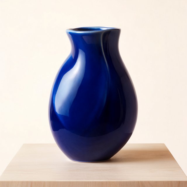 Commercial product photograph of an unbranded sculptural ceramic vase, formed from glossy cobalt porcelain, standing on a pale oak pedestal against a warm ivory background, illuminated by soft directional daylight and subtle fill. — Krea 2 Large