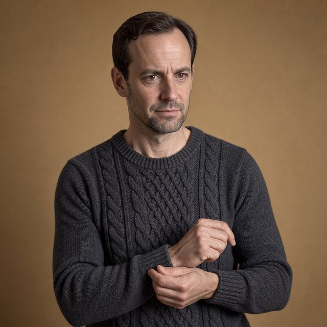 Editorial portrait of an adult man in his early 40s wearing a charcoal wool fisherman’s sweater, one hand loosely holding its ribbed cuff. His thoughtful, slightly tired expression rests against a muted ochre studio backdrop, shaped by gentle directional window light. — FLUX 3 Image