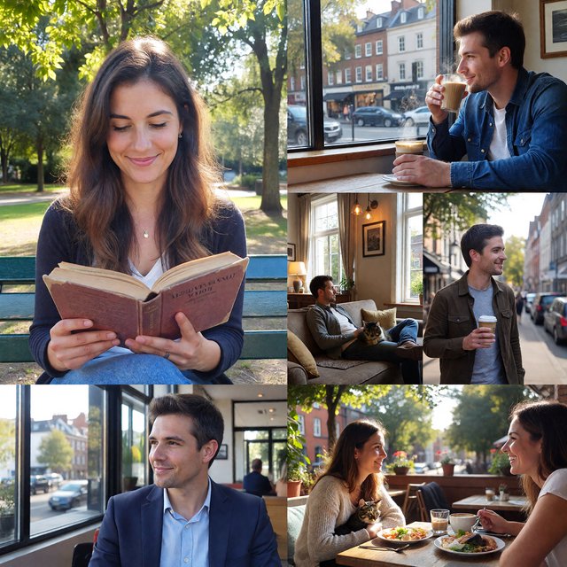 A realistic multi-panel composition with 4–7 panels, each depicting an adult enjoying a wonderful day in a distinct everyday setting. — ImagineArt 1.5 Pro