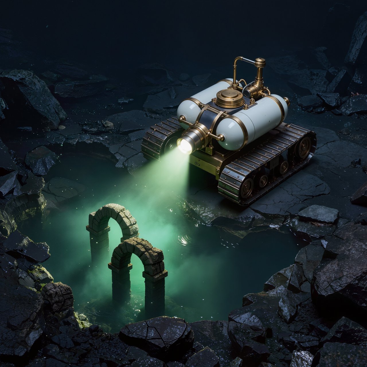 A brass-and-ceramic deep-sea crawler with arched pressure tanks trundles across the floor of a sunken obsidian caldera. Its searchlight cuts through green silt, revealing ruined stone arches far below the surface. — Kling v3