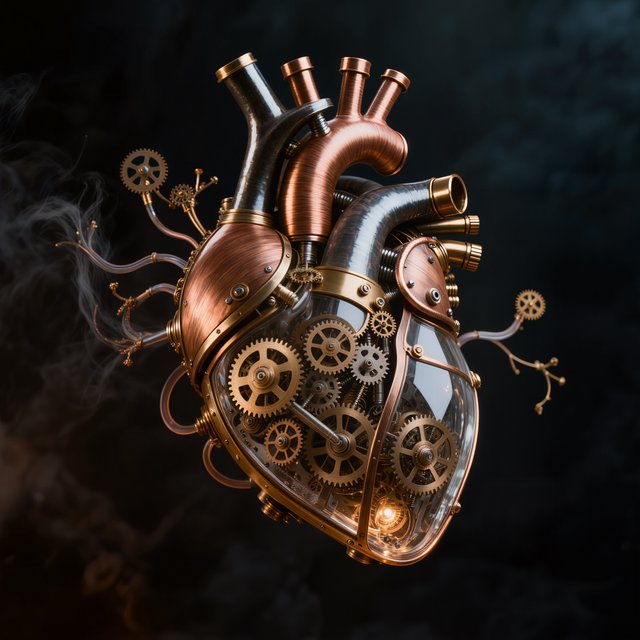 A beautifully intricate mechanical heart floating alone in deep darkness, designed like an exquisite piece of horological sculpture. Its polished brass, copper, and dark steel chambers are partially open, revealing layers of tiny interlocking gears, delicate springs, pistons, and precision mechanisms within. Sections of crystal-clear glass expose deeper workings, while slender tubes carry a faintly glowing fluid through the heart like an artificial bloodstream. Tiny gears turn and pistons move, suggesting that the heart is genuinely functioning. Fine mechanical filaments curl outward like veins and arteries, catching subtle highlights from the warm inner glow. Elegant steampunk aesthetic, dramatic cinematic lighting, rich metallic textures, intricate reflections, mysterious atmosphere. — Kling v3