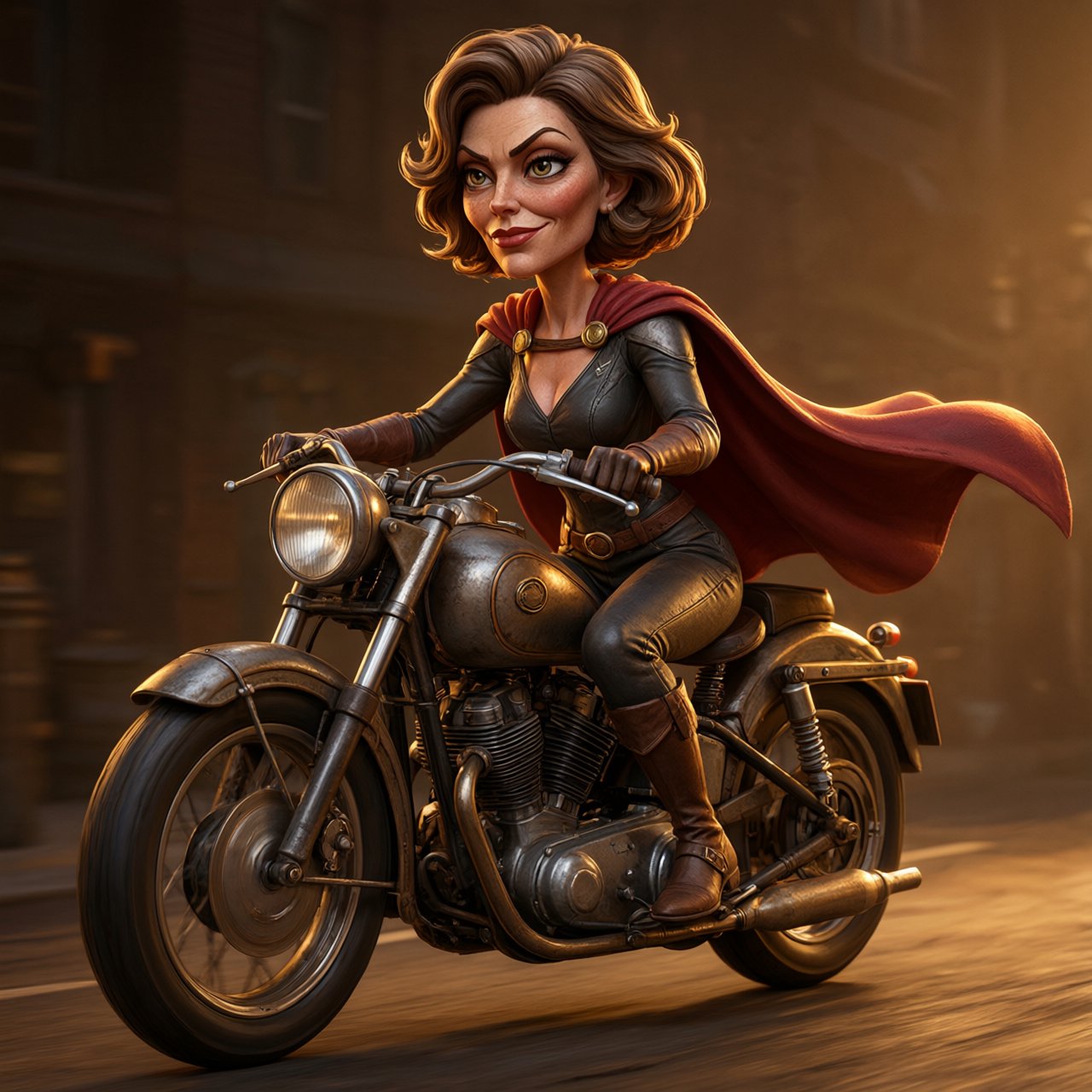 A modeled 3D character design featuring exaggerated, caricatured proportions and a striking silhouette—combined with subtle, nuanced skin shading and warm, cinematic rim lighting—creates an elegant aesthetic reminiscent of modern animated films. The result is a polished, stylized rendering characterized by rich color depth, expressive caricatured facial features, painterly texture details, and a dramatic, theatrical atmosphere typical of contemporary animation. An adult female superhero with a flowing cape on a moving motorcycle. Dieselpunk style. — Qwen Image 3.0 Pro