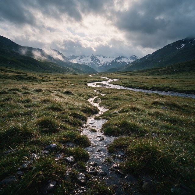 A windswept alpine meadow beneath heavy morning clouds, fresh rain darkening the grasses, a braided stream winding toward distant snowcapped peaks, tiny wildflowers and wet stones sharpening the foreground texture and layered depth. — Seedream 5.0 Pro