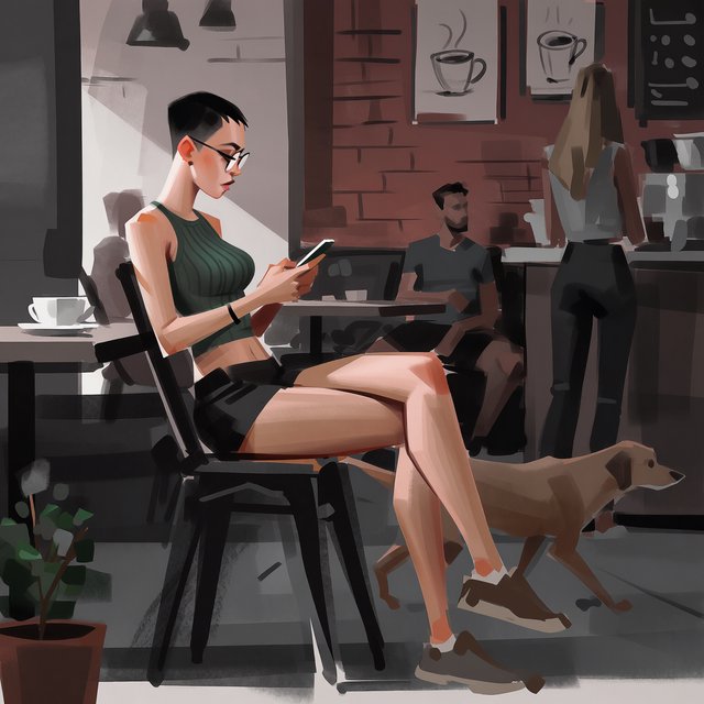 SUBJECT: Side view of a young woman seated at a cafe table, beautiful legs crossed, reading her phone. CHARACTER: 25-year-old woman with an extremely short black pixie cut, all hair under one inch. Stylish glasses, tight dark green ribbed tank top, bare midriff, shorts, comfortable shoes. SETTING: Trendy urban cafe, red brick walls decorated with framed sketches of coffee mugs. STYLE: Stylized semi-realistic digital painting, animation-inspired characters and environments. Expressive faces, large eyes, strong brows, simplified anatomy, convincing 3D volume and depth. Painterly shape-based rendering, minimal outlines, soft blended shading, broad angular brushstrokes. Luminous colors, warm undertones, restrained highlights. Hair and textures rendered in sculpted masses with selective fine detail. Muted charcoal and earthy palette, soft directional light, cohesive shadows, atmospheric depth. Detailed eyes and lips, simplified backgrounds, loose edges, unfinished brushwork. — Model 12