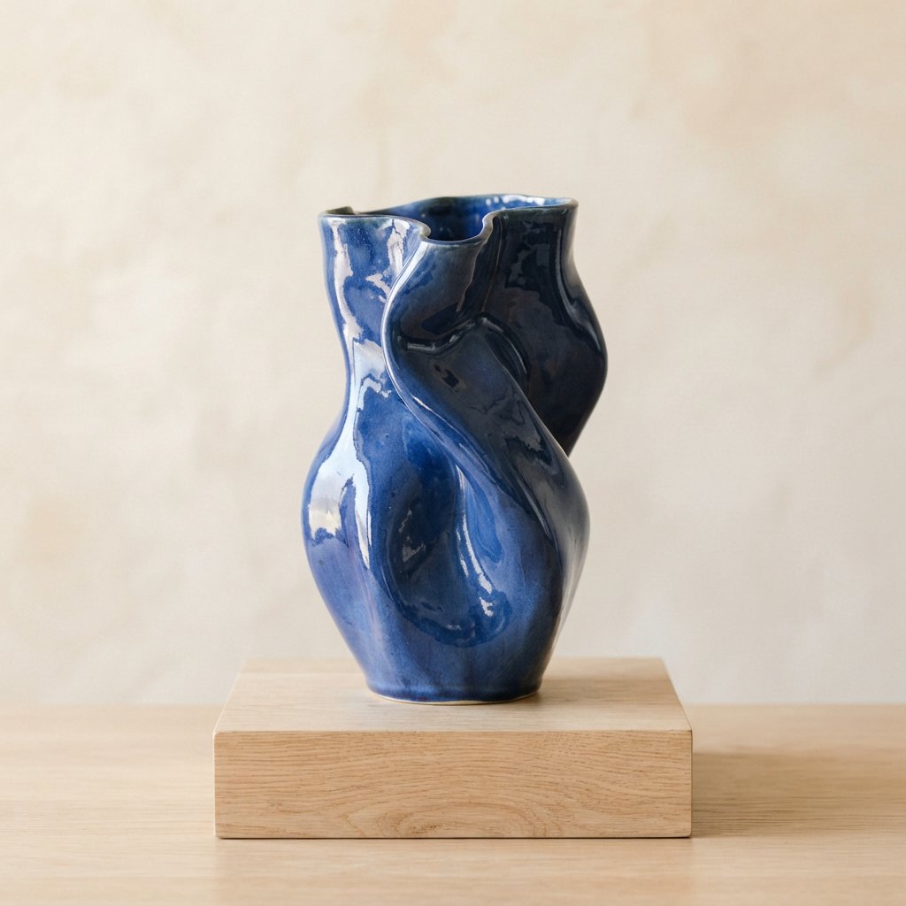 Commercial product photograph of an unbranded sculptural ceramic vase, formed from glossy cobalt porcelain, standing on a pale oak pedestal against a warm ivory background, illuminated by soft directional daylight and subtle fill. — Nano Banana 2 Lite