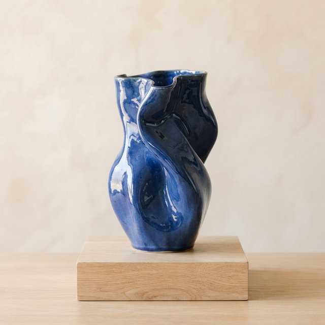 Commercial product photograph of an unbranded sculptural ceramic vase, formed from glossy cobalt porcelain, standing on a pale oak pedestal against a warm ivory background, illuminated by soft directional daylight and subtle fill. — Nano Banana 2 Lite