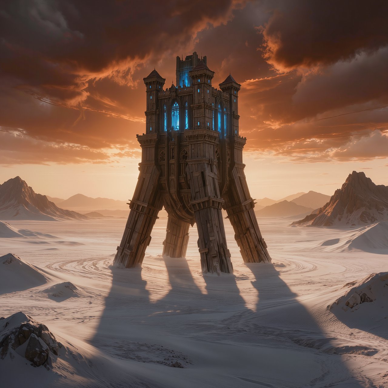 A colossal walking citadel crosses a salt desert, its ironwood legs striding through windblown dunes beneath a copper storm. Blue furnace light leaks from carved windows, casting a long shadow toward distant mountains. — Kling v3