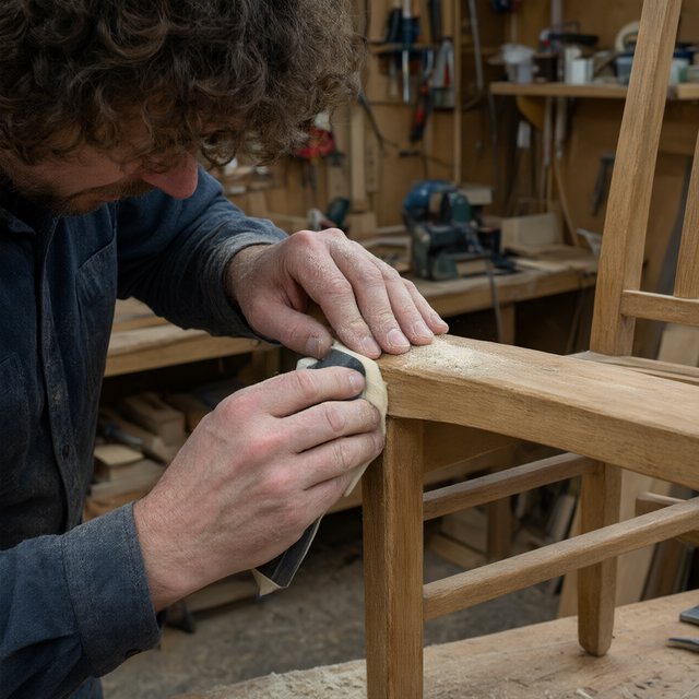 Fine curls gather beneath adult hands sanding the edge of a wooden chair in a quiet repair shed. A real-world workshop snapshot in cool skylight, using a normal lens at shallow depth of field, catches pale sawdust clinging to the knuckles. — Qwen Image 3.0