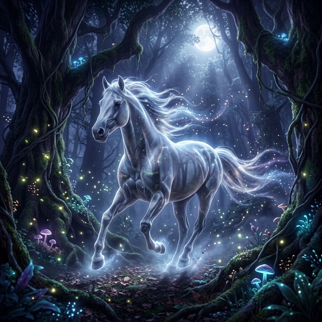 A majestic horse with a spectral mane and tail gallops through an enchanted, moonlit forest. Glimmering fireflies illuminate the path, casting an ethereal glow on ancient trees. The horse appears translucent, as if it's a phantom from another realm. The style is digital art, with surrealism and cinematic lighting to enhance the mysterious atmosphere — Nano Banana 2.1