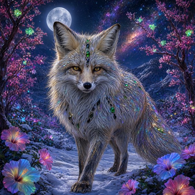 A fantasy still photography image of a majestic silver and gold fox, its fur coat features a breathtaking fiber-optic rainbow-glitter that shimmers with dense prismatic sparkles shifting vibrantly under the ethereal moonlight, the fox features deep silver undertones across its thick coat and is perched proudly in a front-facing posture, its fur is intricately adorned with embedded polished peridot and shimmering onyx that catch the glowing light, it is walking in an enchanted snow filled landscape filled with multicolored bioluminescent hibiscus flowers blooming in radiant neon shades and blooming pink bioluminescent trees with glowing green blossoms, the background features a dramatic full moon and a vibrant multicolored starry sky filled with multicolored swirling galaxy, a soft ethereal glow illuminates the fox's commanding silhouette, razor-sharp focus on its piercing golden eyes, magical realism style, fantasy art. — Qwen Image 3.0 Pro