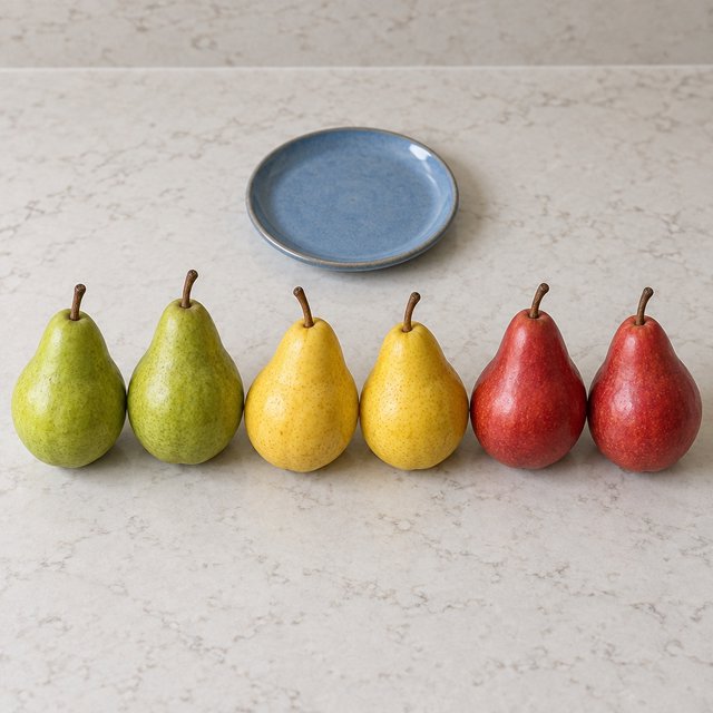 Exactly six ripe pears sit on a pale stone counter: two green pears on the left, two yellow pears in the center, and two red pears on the right. A small blue plate sits above the center pair, nothing else. — GPT Image 2.5 Sunburst