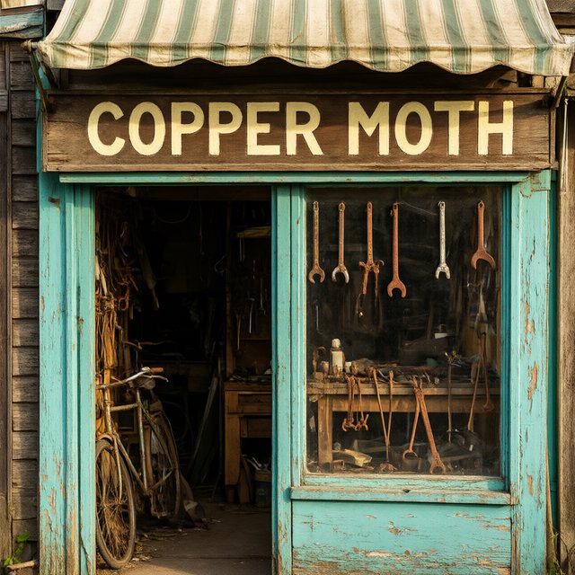 An old roadside bicycle workshop beneath a faded striped awning, rusted tools displayed in the window, with "COPPER MOTH" painted in cream block letters across the weathered wooden fascia, afternoon sunlight catching peeling turquoise paint. — Qwen Image 3.0