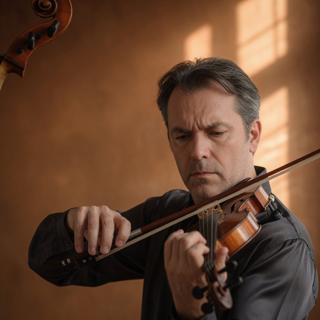 With a violin tucked close, an adult man in his early 50s draws a bow, his hands prominent, wearing a charcoal silk shirt; his intent expression is framed against a warm umber backdrop in soft amber window light, in a close portrait photograph. — Grok Imagine Image Quality