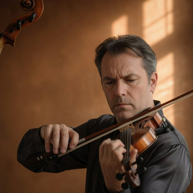 With a violin tucked close, an adult man in his early 50s draws a bow, his hands prominent, wearing a charcoal silk shirt; his intent expression is framed against a warm umber backdrop in soft amber window light, in a close portrait photograph. — Grok Imagine Image Quality