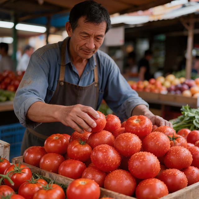 Candid documentary photograph of an adult market vendor arranging ripe tomatoes at an outdoor produce stall, cool early-morning side light, 50mm lens with shallow depth of field, condensation droplets beading on the tomato skins. — Kling v3