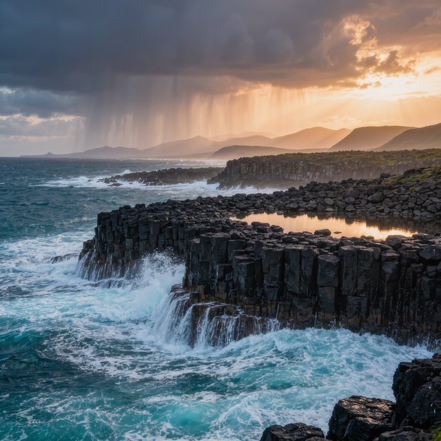 A rugged volcanic coastline under clearing storm clouds at late afternoon, black basalt shelves descending into turquoise surf, sea spray clinging to jagged rocks, tide pools reflecting distant cliffs and layered mountains fading into rain haze. — Kling v3 Omni