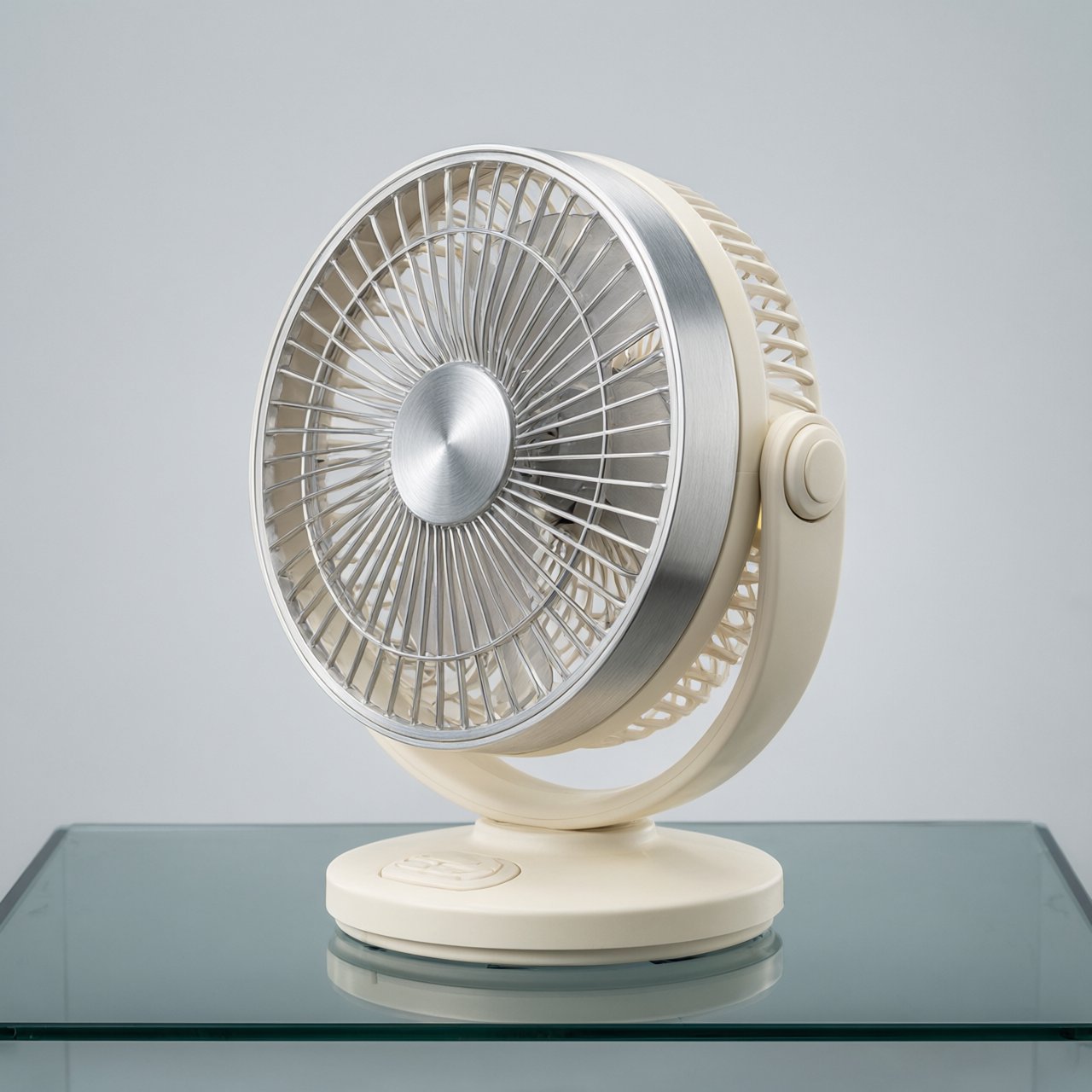 Commercial product photograph of an unbranded desktop fan made from brushed aluminum and matte ivory polymer, resting on a smoked glass surface against a pale gray background, illuminated by broad diffused studio light and a soft rear rim light. — Qwen Image 3.0 Pro