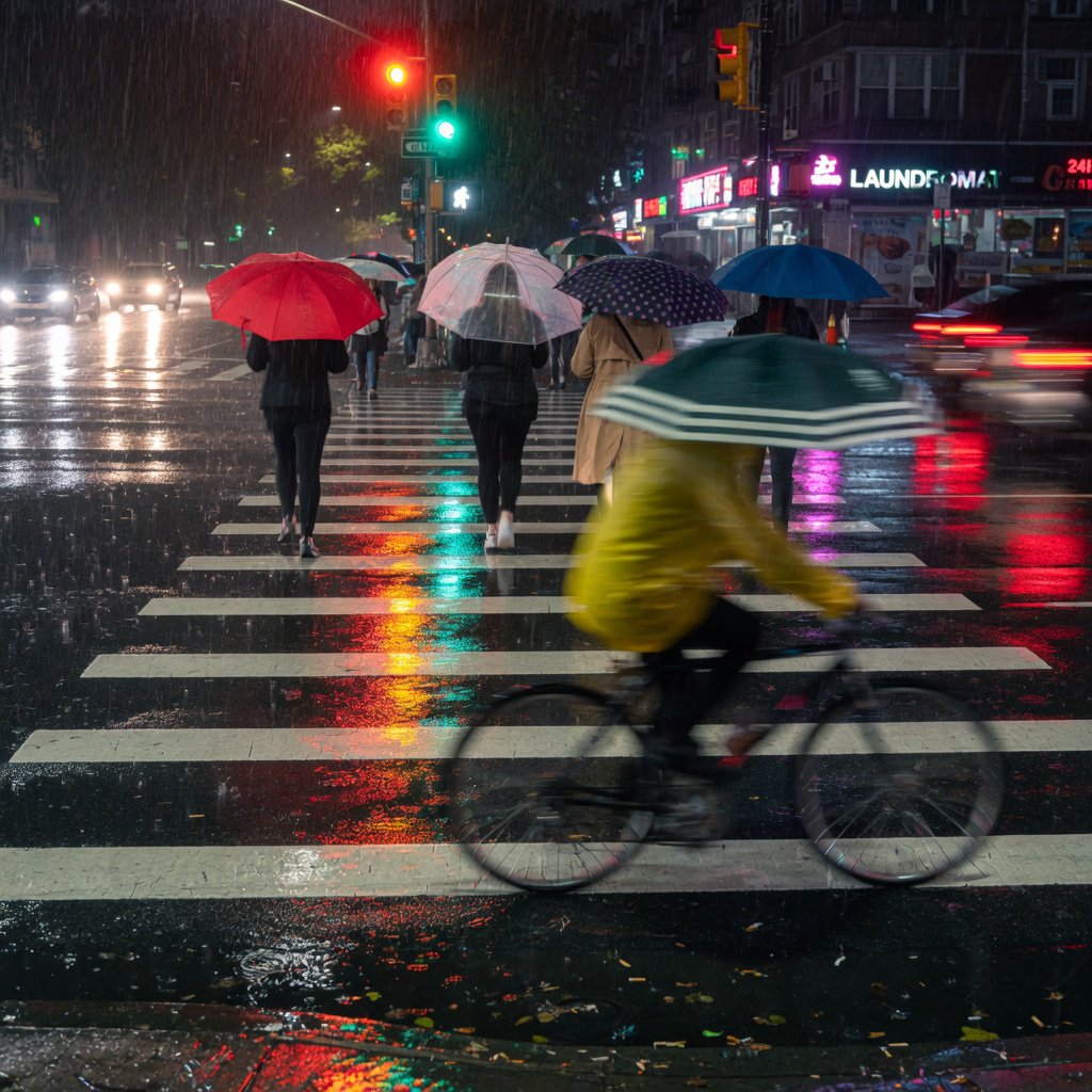 A rain-soaked city crosswalk at night seen from across the street, umbrellas, reflections of traffic lights on wet asphalt, slight motion blur on a passing cyclist. — Grok Imagine Image Quality