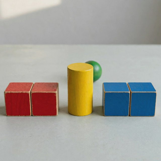 Exactly five wooden toy blocks sit on a pale gray table: two red cubes on the left, one yellow cylinder in the center, and two blue cubes on the right. A small green ball sits behind the cylinder, nothing else. — Muse Image 1.0