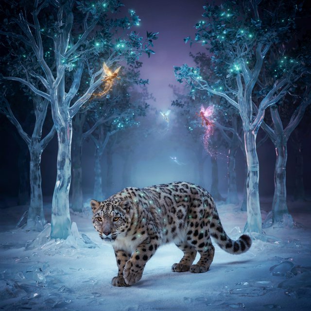 A majestic snow leopard, its fur shimmering with an internal bioluminescent glow, stalks through a frozen, enchanted forest. Crystalline trees with glowing, frost-covered leaves create a magical winter wonderland. Tiny, winged sprites flit between the branches, leaving trails of stardust. The image should capture the essence of a fairytale winter scene with a touch of photorealism, emphasizing the mystical light and the creature's ethereal presence. — Model 8