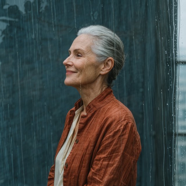 By a rain-streaked studio window, an adult woman in her early 60s turns in profile for a portrait photograph, wearing a copper-colored linen jacket over a cream cotton blouse. Her quietly amused expression rests against a muted blue-gray wall, shaped by cool, soft window light. — Kling v3 Omni