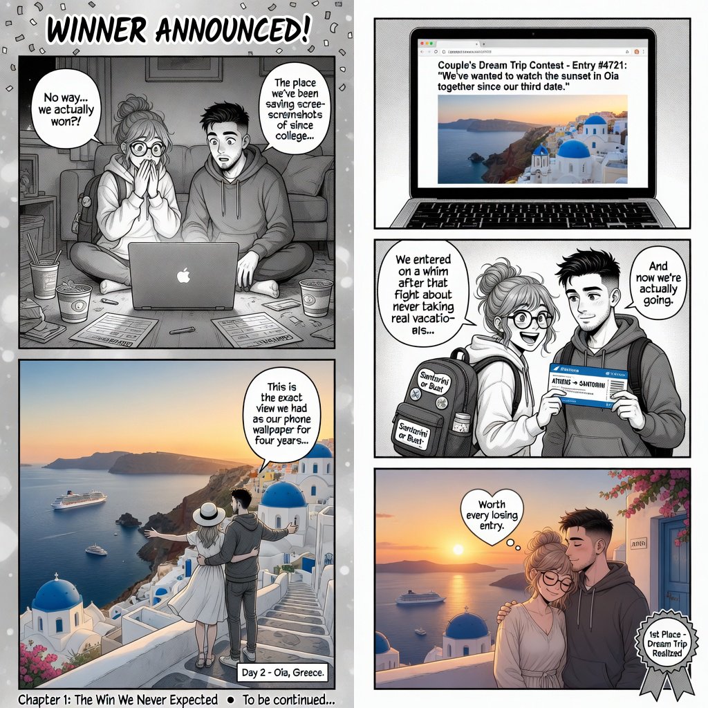 A realistic manga about a couple who entered a contest and ended up winning a trip to a place they always wanted to go. — Grok Imagine Image Quality